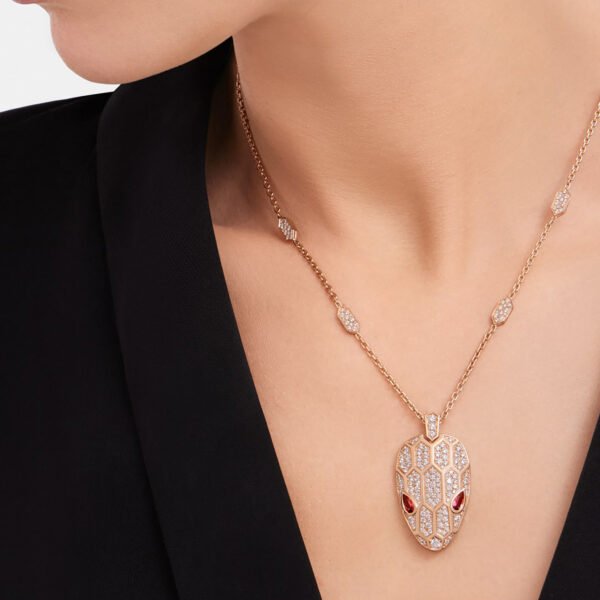Serpenti Pendant Necklace Set With Rubellite Eyes And Pavé Stone On The Chain And Head - Image 2