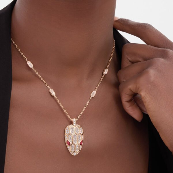Serpenti Pendant Necklace Set With Rubellite Eyes And Pavé Stone On The Chain And Head - Image 3
