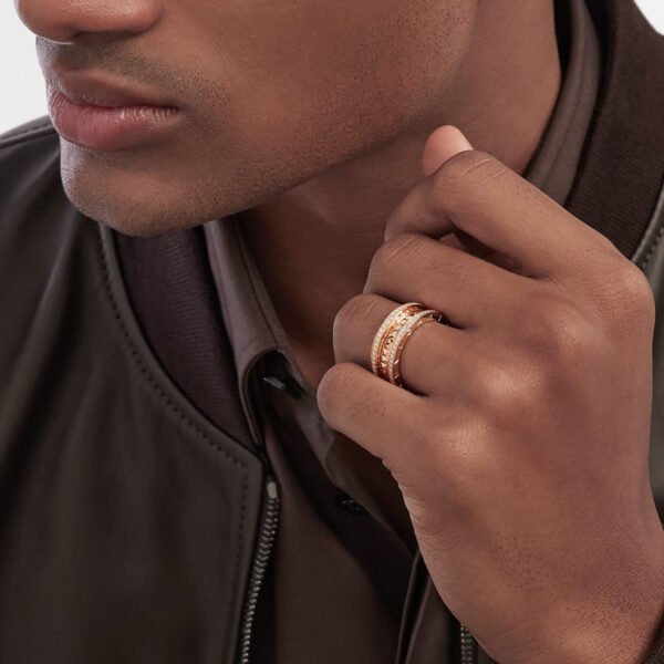 Two-Band Ring In 18 Kt Rose Gold With Studded Spiral And Pavé Stone On The Edges - Image 4