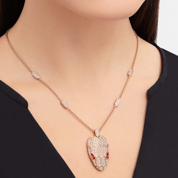 Serpenti Pendant Necklace Set With Rubellite Eyes And Pavé Stone On The Chain And Head - Image 4
